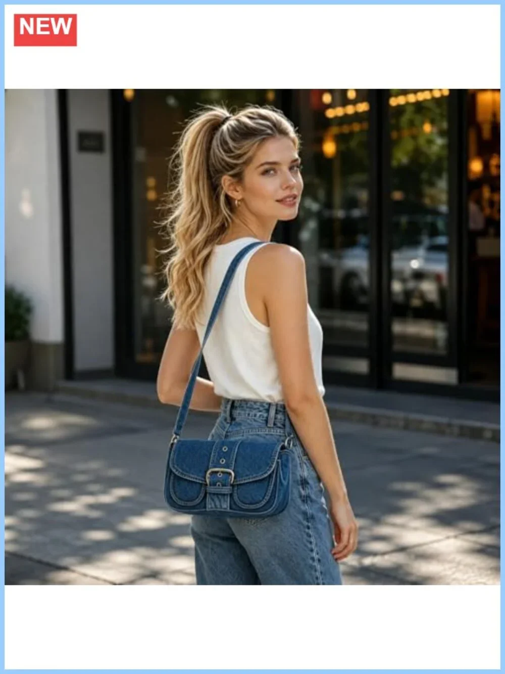 Vintage Denim Crossbody Bag for Women Small Saddle Purse with Magnetic Clasp